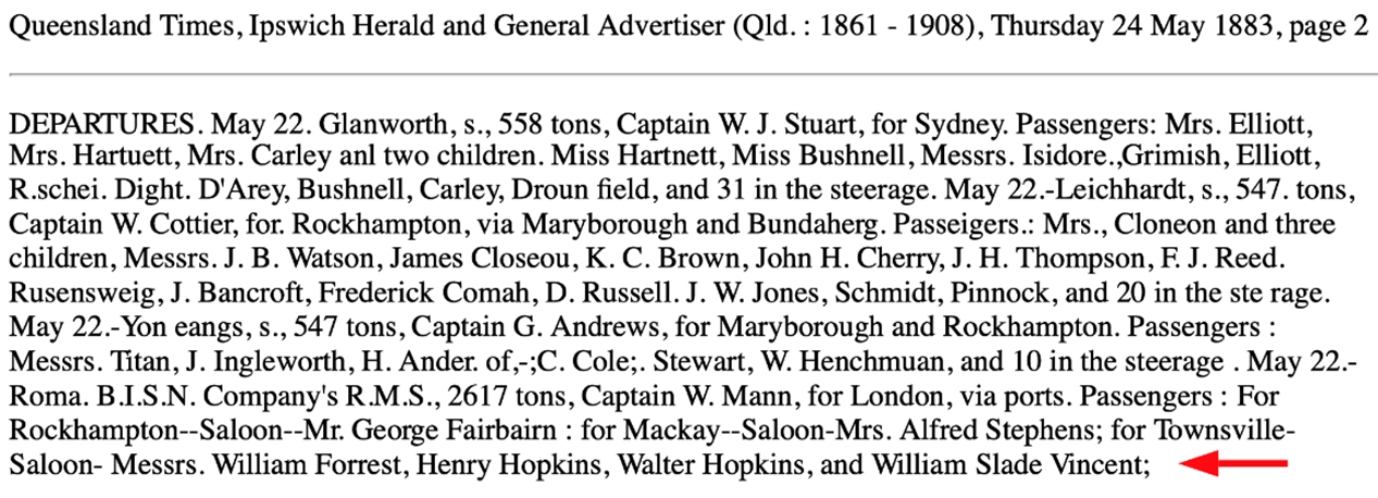 Major Vincent Travels to Townsville 1883